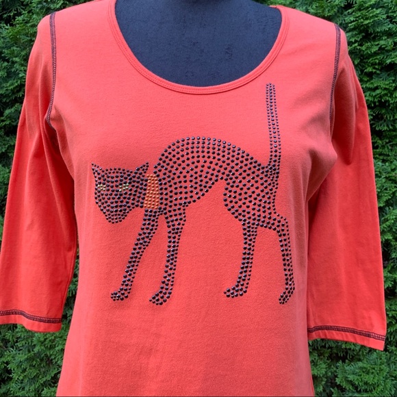 🤩3/$20 LIKE NEW Holiday Traditions Orange Halloween Black Cat TShirt Top Large - Picture 2 of 11
